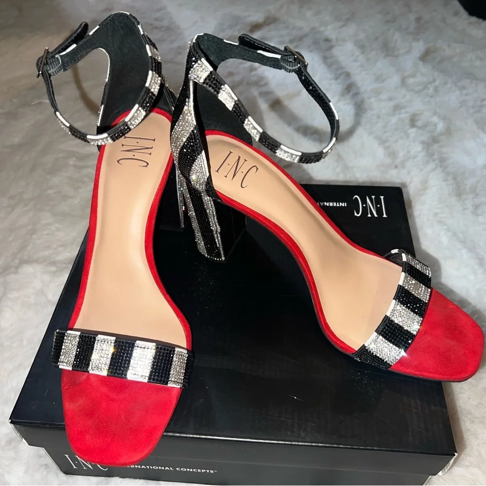 INC International Concepts Red and Black Strappy Heeled Sandals - Picture 2 of 6